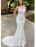 Beaded Thin Straps Ivory Lace Tulle Anniversary Wedding Dress